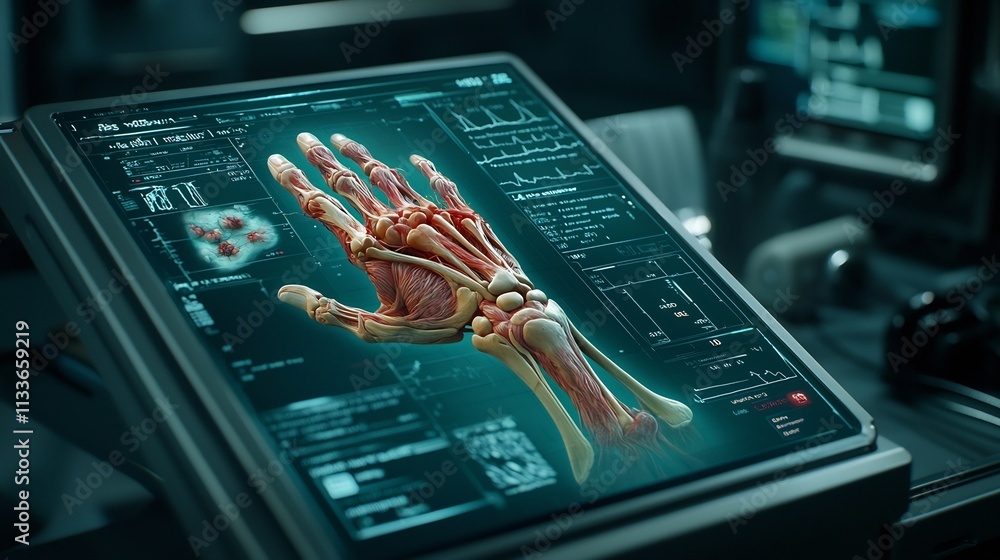 Aufkleber high tech orthopedic diagnostics platform displaying virtual 3d model of hand and wrist bones highli