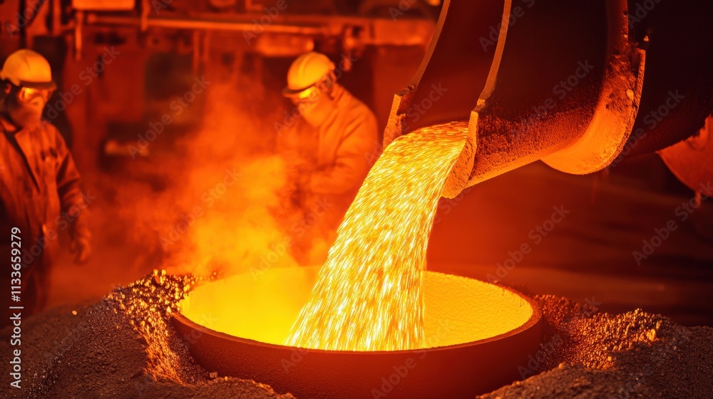 Aufkleber Metallic liquid flows from a channel into casting molds, creating an intense display of flames and sparks in a large industrial hall. Generative AI