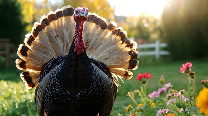 male turkey displaying its full fan of feathers in a dynamic strut, set against the backdrop of a sunlit meadow with wildflowers. 