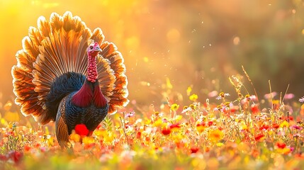 male turkey displaying its full fan of feathers in a dynamic strut, set against the backdrop of a sunlit meadow with wildflowers. 