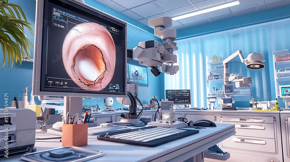Poster futuristic ent diagnostics station featuring a virtual 3d twin model of the ear that highlights dama