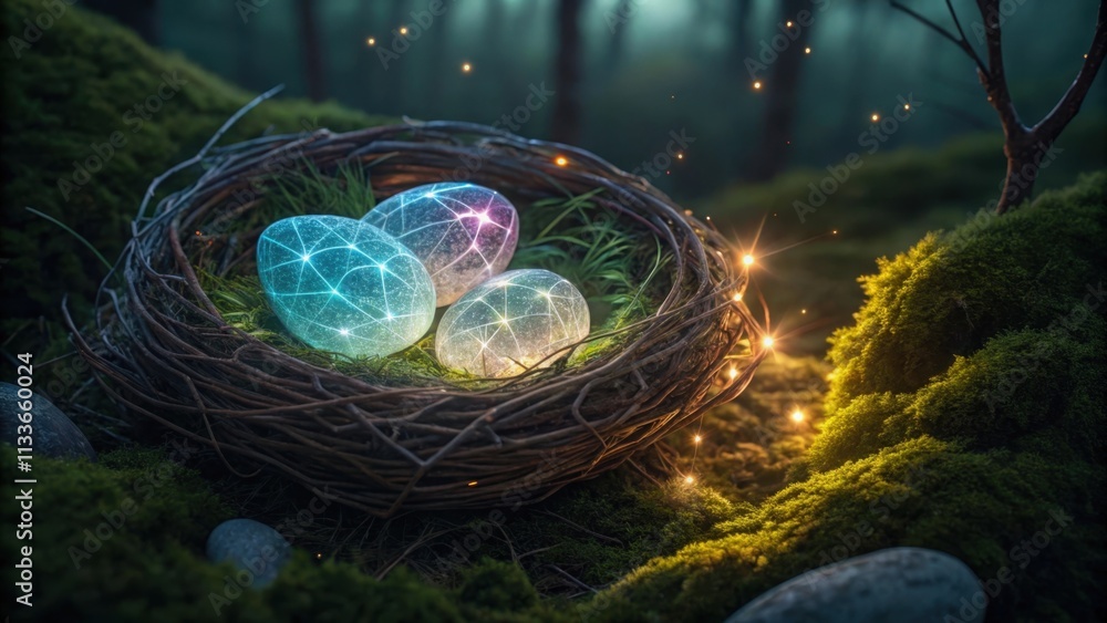 Poster three colorful glowing magic eggs are resting in a bird nest on a mossy forest floor, surrounded by 