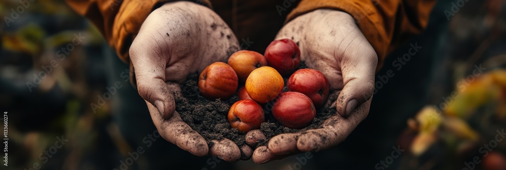 Poster hands are filled with vibrant fruits and rich soil, highlighting the bounty of nature and our relati