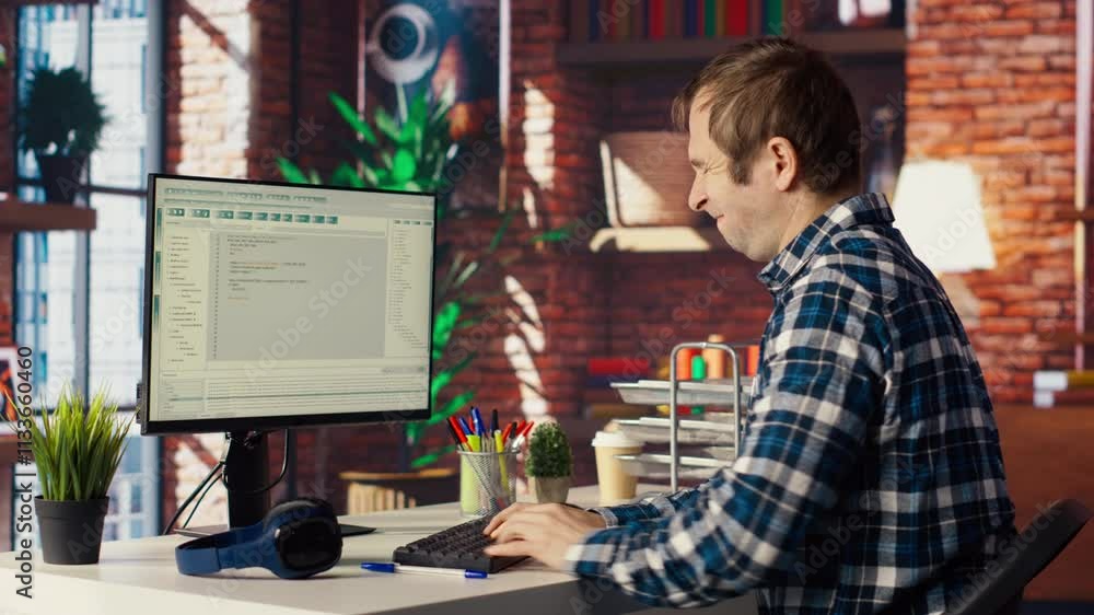 Fototapete man in home office stretches back while looking at ui on pc screen, feeling fatigued while executing