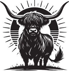 Obraz premium Highland Cow silhouette with horns framing a rising sun vector