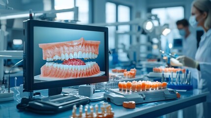A photograph of a cutting edge research lab displaying a virtual twin of the oral cavity highlighting gum disease and oral cancer lesions caused by smoking leaving copy space on the top left