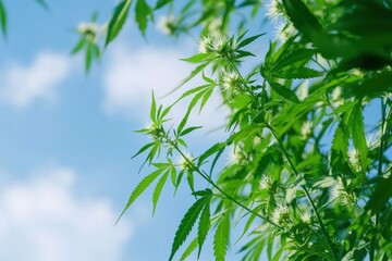Lush branches of hemp plants stretch upwards, showcasing vibrant green leaves against a clear blue sky on a sunny day. Generative AI