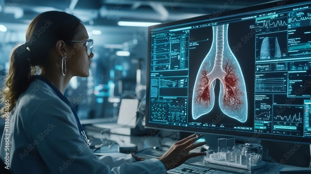Poster a photograph of a futuristic lung diagnostics lab displaying a virtual twin of the respiratory syste