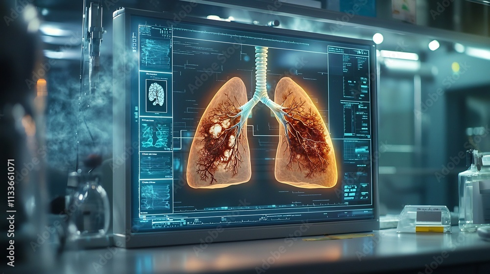 Poster a photograph of a futuristic lung diagnostics lab displaying a virtual twin of the respiratory syste