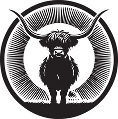 Obraz premium Highland Cow silhouette with horns framing a rising sun vector
