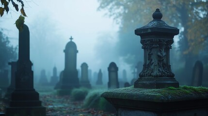 Obraz premium Eternal Reflections: Gravestones in a Tranquil Foggy Cemetery
