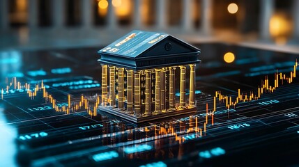 Financial data, government building. A digital representation of a bank building on a financial chart, symbolizing finance, investment, and economic growth.