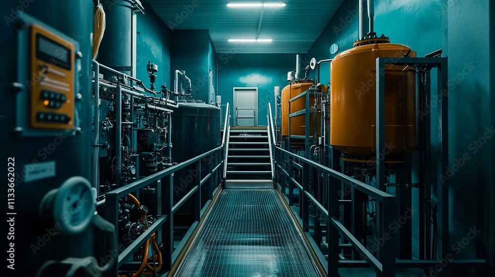 Poster a photograph of an advanced water treatment facility featuring a virtual twin simulation of water fl