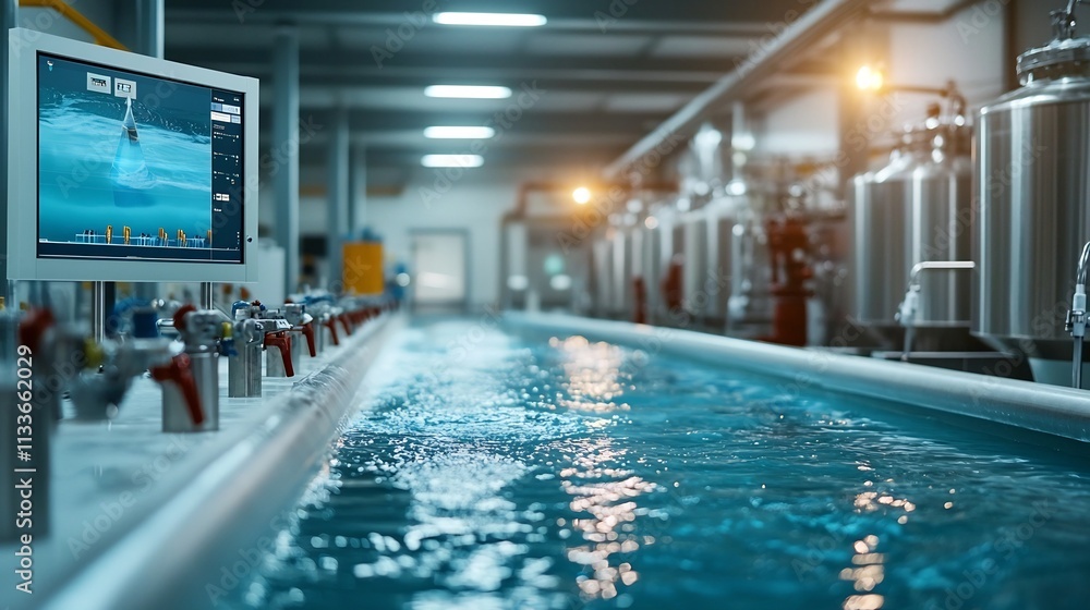 Poster photograph of an advanced water treatment facility featuring a virtual twin simulation that monitors