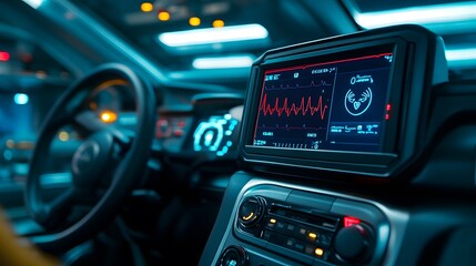 Car interior with medical monitoring device displaying vital signs.