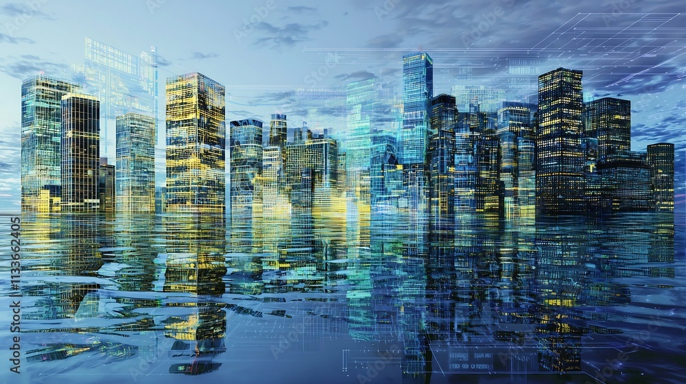 Poster a futuristic cityscape with a virtual twin system that maps the urban water distribution networks