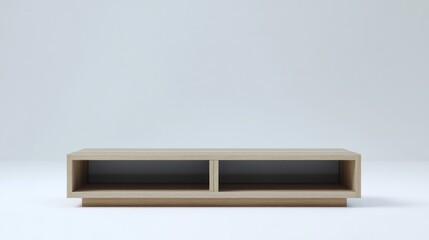 Simple light wood media console with two open compartments.