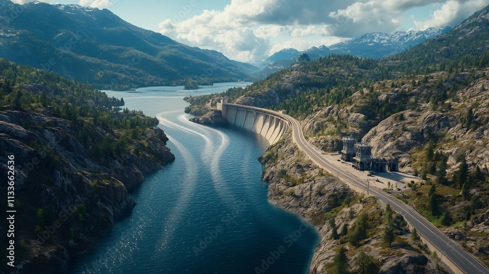Poster hydroelectric dam with a virtual twin data visualization system displaying real time information abo