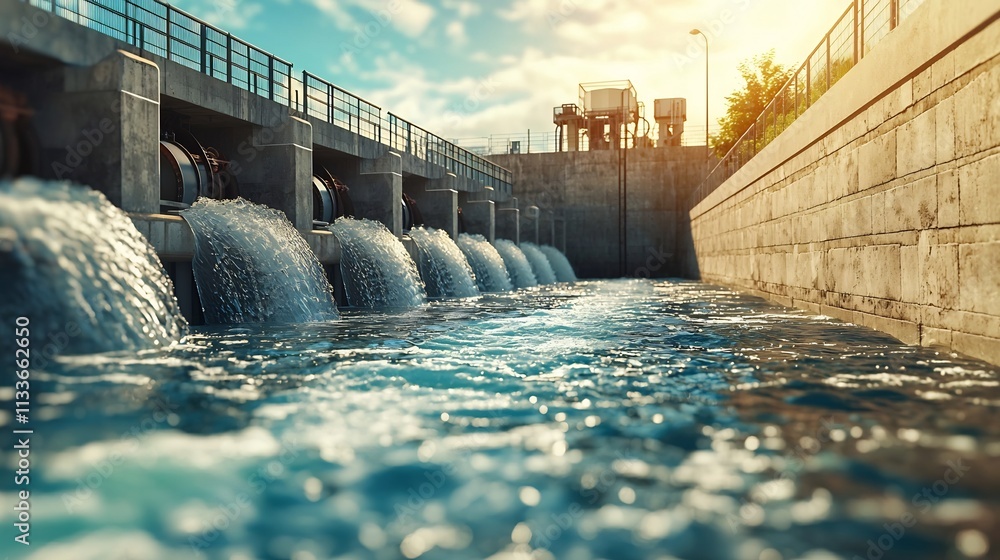 Poster hydroelectric dam with a digital twin simulation visualizing real time water inflow data and turbine