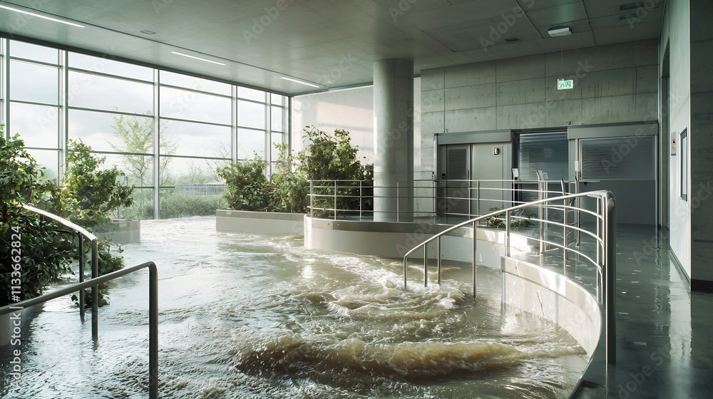 Poster a photograph of a floodplain management center with a virtual twin simulating water movement and ris