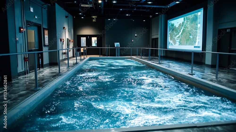 Poster floodplain management center with virtual twin simulating water movement and risk zones for flood pr