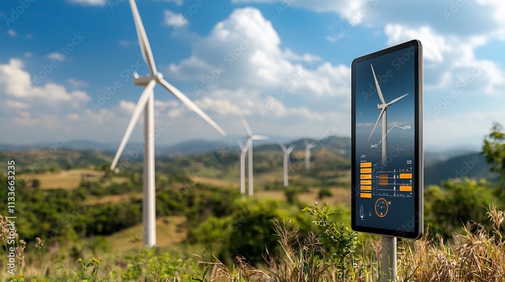 Poster aerial view of a wind turbine field with a virtual data dashboard displaying real time metrics such 