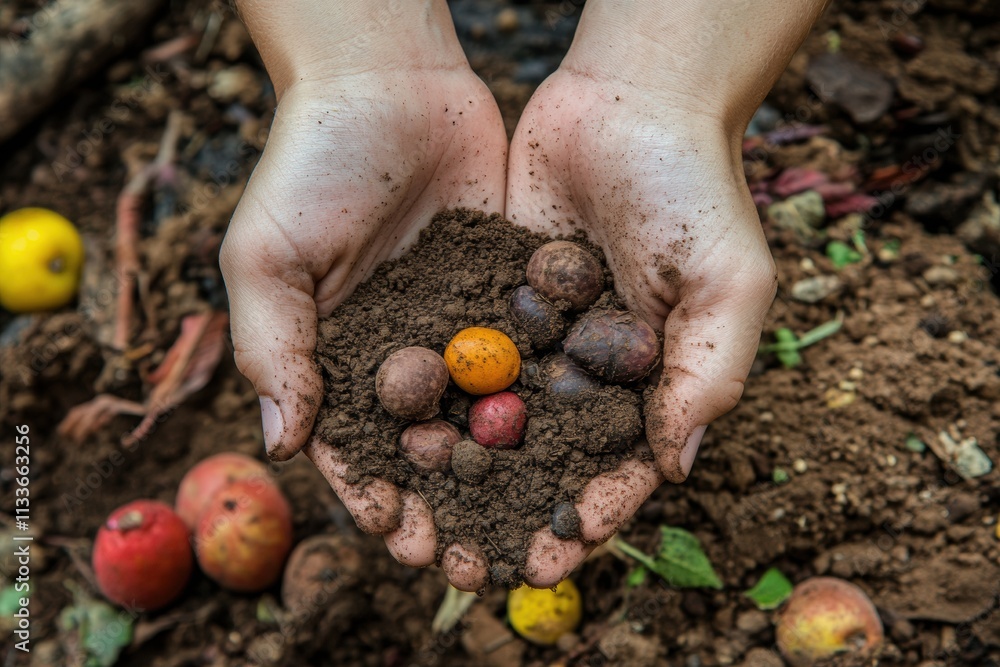 Aufkleber Hands grasp a mixture of rich soil and colorful fruits, showcasing the connection between nature and nurturing during midday. Generative AI