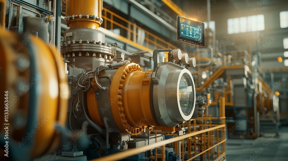 Poster a photograph of a nuclear power plant with a virtual twin monitoring reactor temperature and energy 