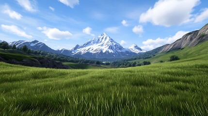 Fototapeta premium Photorealistic Scenic Landscape with Mountains and Green Grass