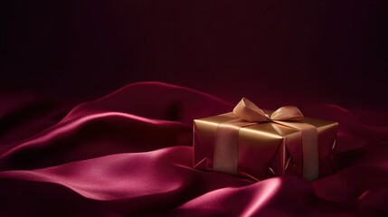 Elegant Gold Gift Box on Deep Burgundy Fabric Background for Celebrations and Special Occasions