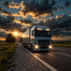 Transport truck driving on asphalt road in a rural landscape.