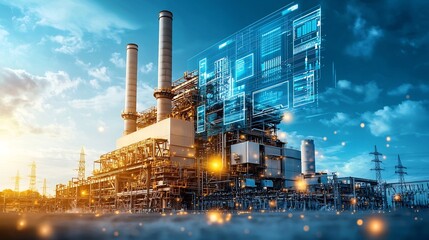 Virtual Twin Interface Analyzing Coal Fired Power Plant Fuel Efficiency and Emissions Levels with Copy Space at the Top for Text Overlay