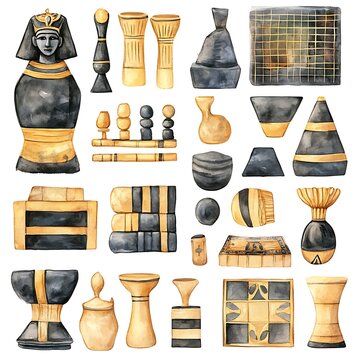 Watercolor illustration of ancient Egyptian artifacts, including statues, games, and vessels, perfect for design projects.