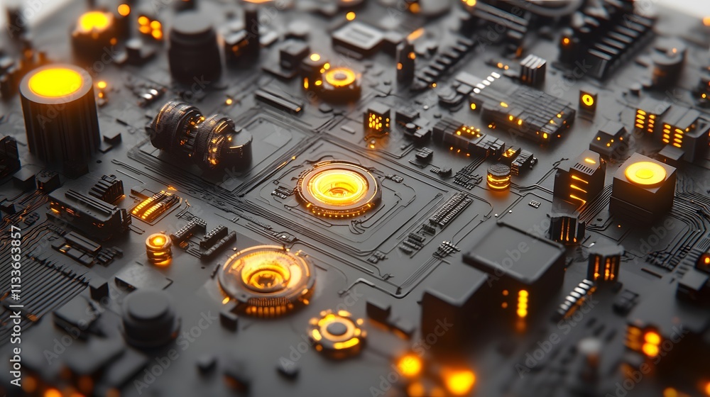 Poster close-up of a complex technological circuit board with glowing orange components.
