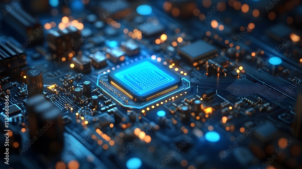 Poster close-up of a computer processor chip on a circuit board, glowing blue.