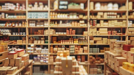 Fototapeta premium Warehouse interior with shelves and rows of boxes