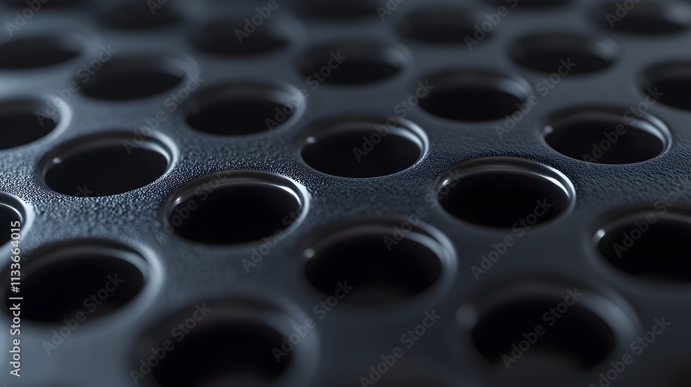 Aufkleber close-up of a dark metallic surface with a grid of circular holes.