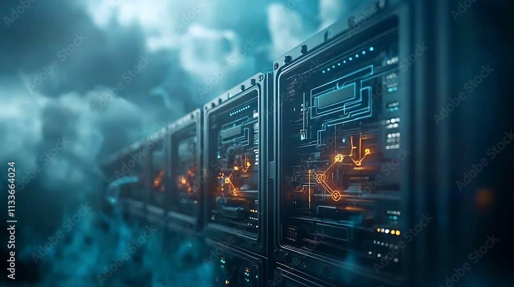 Poster futuristic smart grid system with virtual twin showcasing the seamless flow of renewable energy from