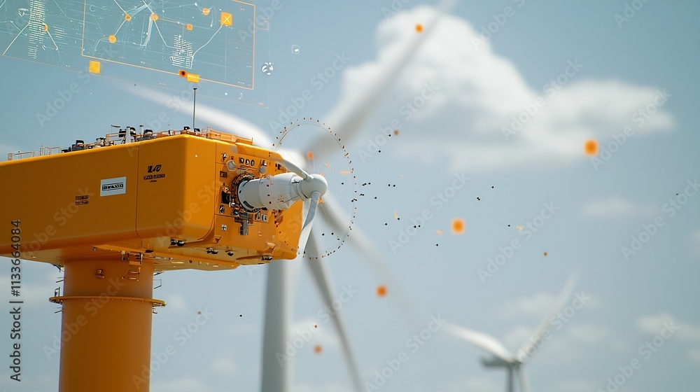 Poster aerial view of an offshore wind farm with a virtual twin interface system that maps and tracks the r