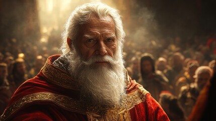 Aged man, long white beard, red robe, regal.