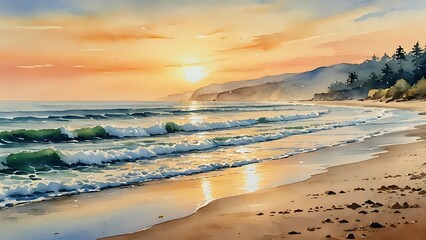 Fototapeta premium A tranquil beach scene at sunrise, with gentle waves, golden sunlight, and a peaceful atmosphere, watercolor painting