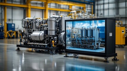 Fototapeta premium Hydrogen Fuel Cell Power Plant with Virtual Twin Visualizing Energy Conversion Processes and Output for Efficient Monitoring and Analytics