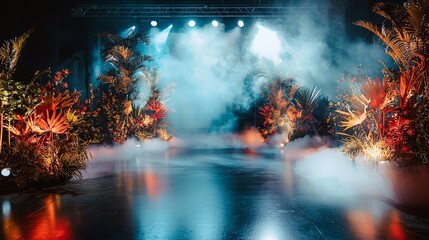 Fototapeta premium A surreal wedding stage combining fantasy forest elements with a dream-like theme, glowing plants and ethereal lights shining brightly against the dark, haunting park