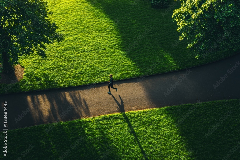 Poster a solitary runner glides along a smooth path in a vibrant park, surrounded by greenery and dappled s