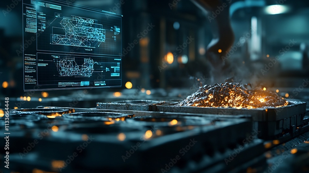 Poster molten steel being poured into molds with a virtual twin interface tracking material and cooling rat