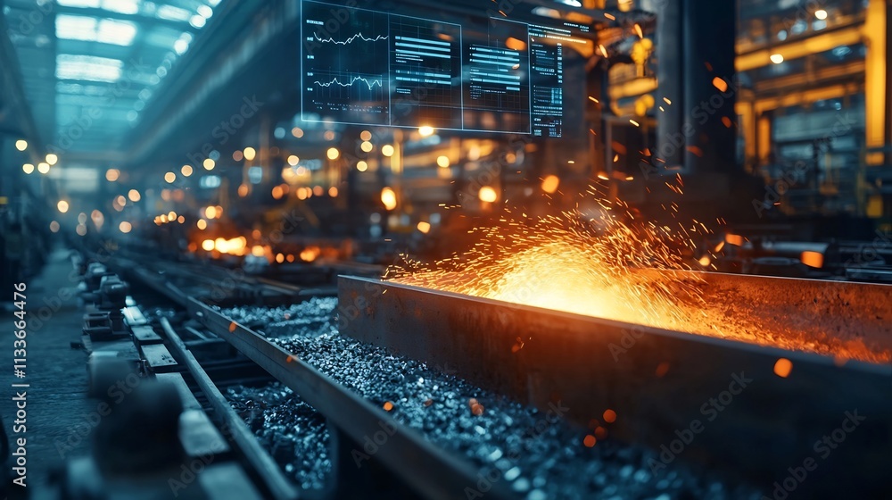 Poster photograph of a steel smelting furnace with a virtual twin overlay displaying real time temperature 
