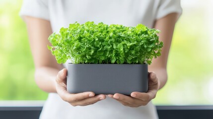Fresh Green Plant in Hands with Soft Light Background