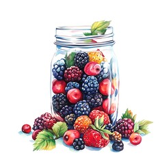 A watercolor painting of a mason jar filled with a mix of fresh berries, including blackberries, raspberries, strawberries, and cherries, with additional berries scattered around the base.