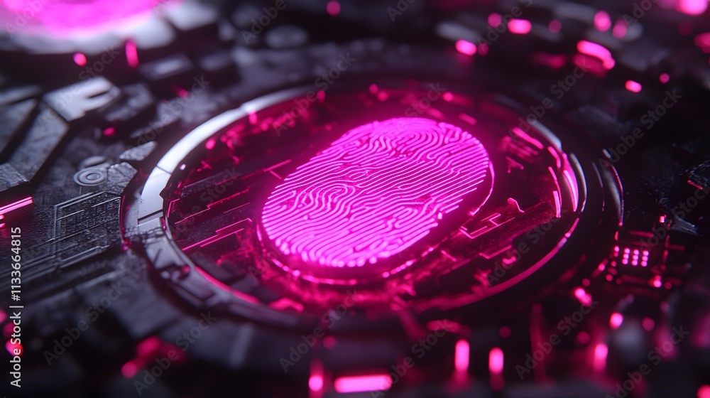 Poster close-up of a futuristic fingerprint scanner embedded in a complex technological device, glowing pin