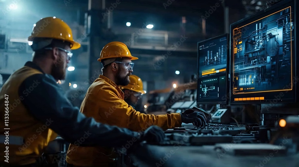 Poster highly automated steel smelting overseen by workers through a virtual twin interface displaying real